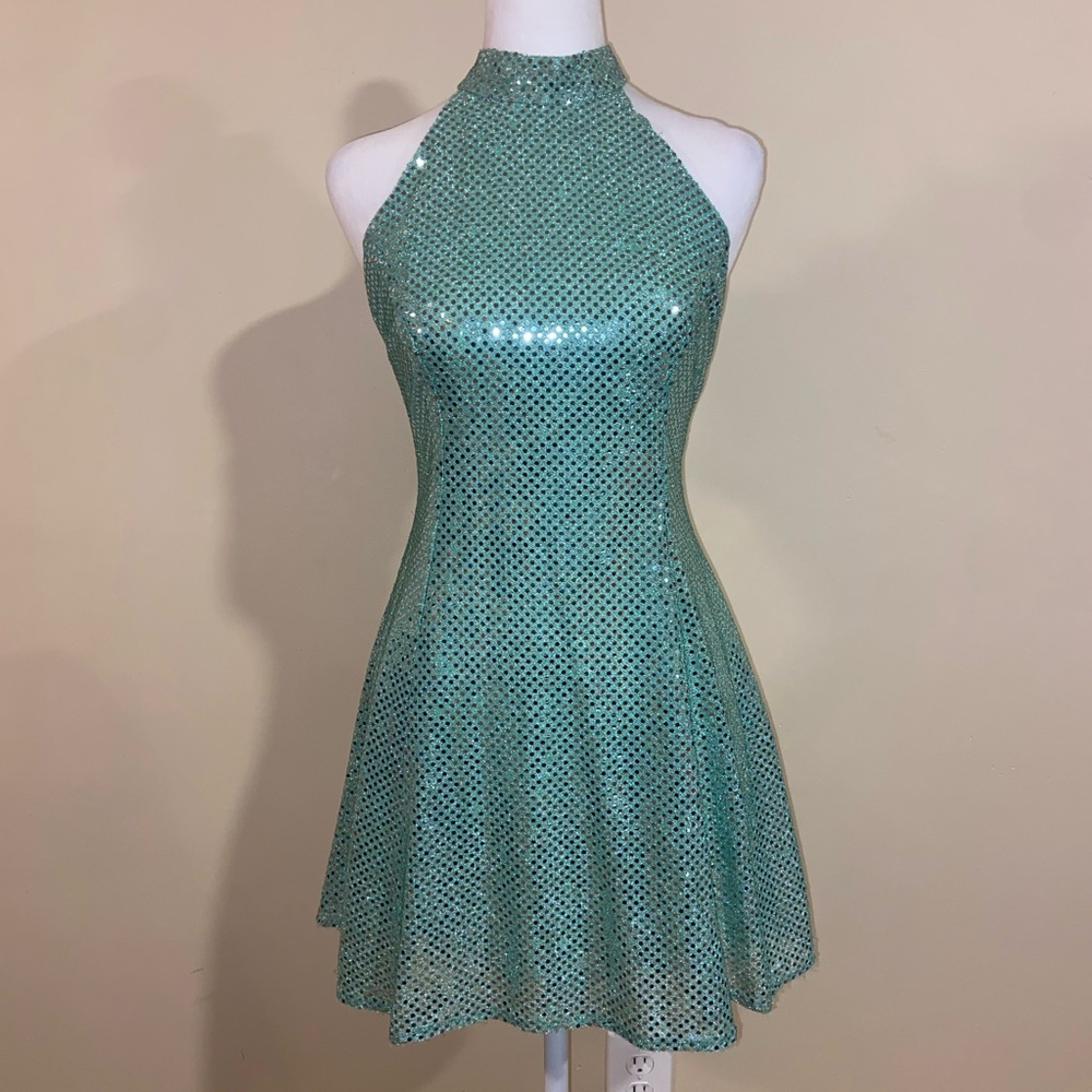 579 Sparkling Teal Halter Mini Dress